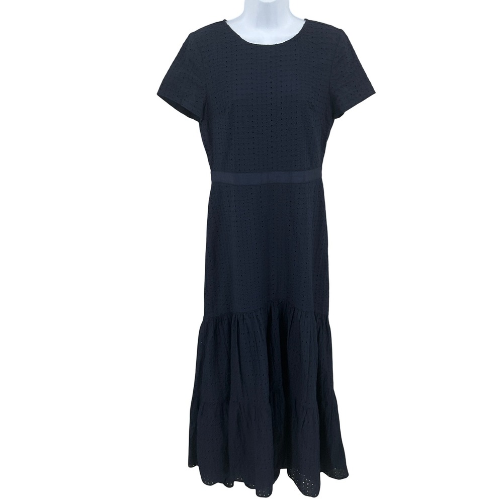 Banana Republic Midi Dress Womens 6 Navy Eyelet Tiered Ruffle Boho Preppy